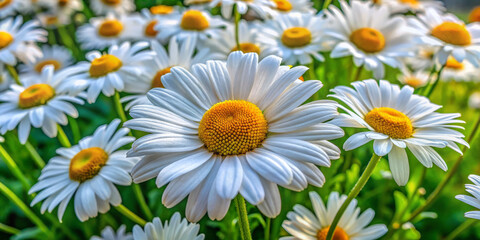 Fototapeta premium Daisies with delicate petals and bright yellow centers create vibrant and cheerful scene, bringing sense of joy and freshness to any garden or landscape