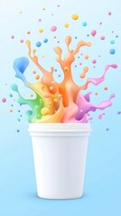 Colorful paint splashes bursting out of a white cup on a soft blue background, creating a vibrant and playful atmosphere.