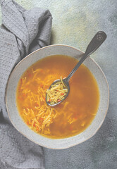 Chicken soup with noodles, homemade, no people, close-up,
