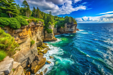 Breathtaking rugged shoreline with steep cliffs and lush greenery, where verdant foliage thrives amidst crashing waves of ocean. stunning natural landscape that evokes tranquility and awe