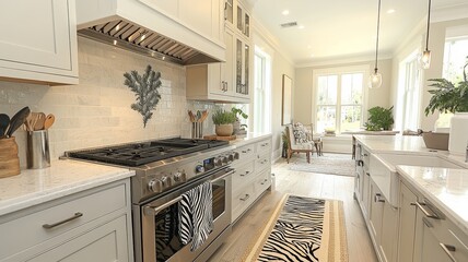 A modern kitchen with subtle animal print touches--leopard print tea towels hanging from the oven and zebra print coasters on the countertop