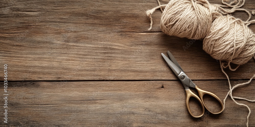 Poster Scissors and rough cotton decorative yarn placed on a wooden background with text space.
