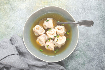 Cappelletti with meat in chicken broth, ravioli with meat, homemade, no people,