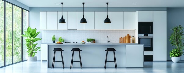 Modern composition of kitchen space with design kitchen island, black hookers, grey table, flowers, furnitures, big window and elegant personal accessories. Stylish home decor, Generative AI