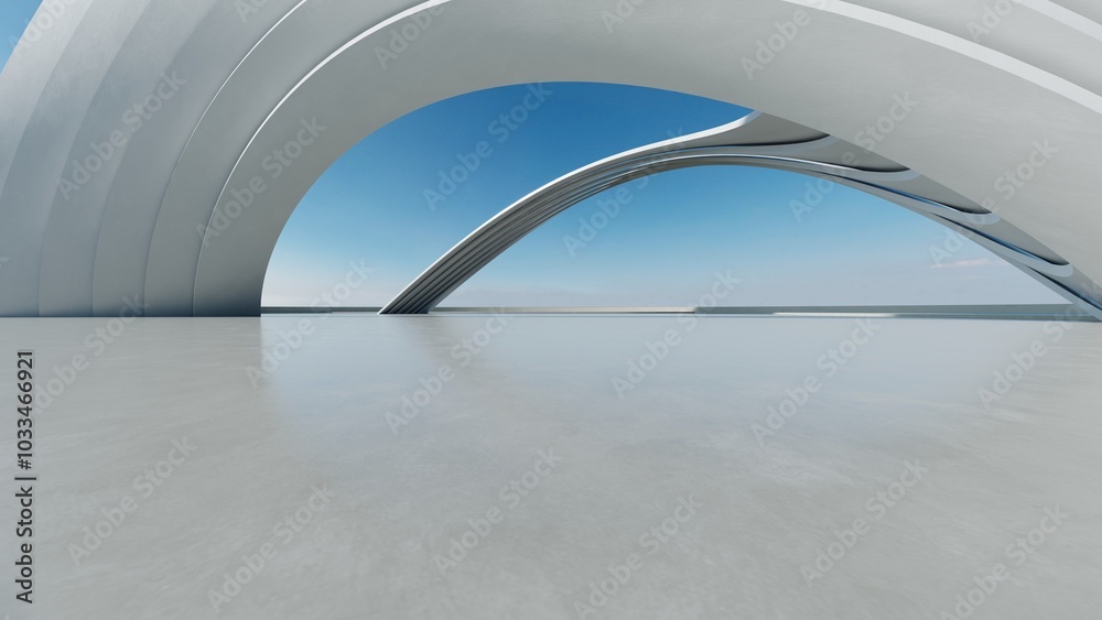 Aufkleber 3d render of white futuristic architecture, abstract structure with empty concrete floor