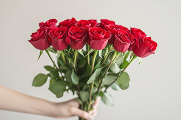 Fototapeta premium The hand holds a bouquet of red roses. The job of a florist in a flower shop. A beautiful fresh bouquet. Flower delivery.