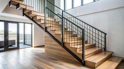 Contemporary staircase with black railing and wooden stairs