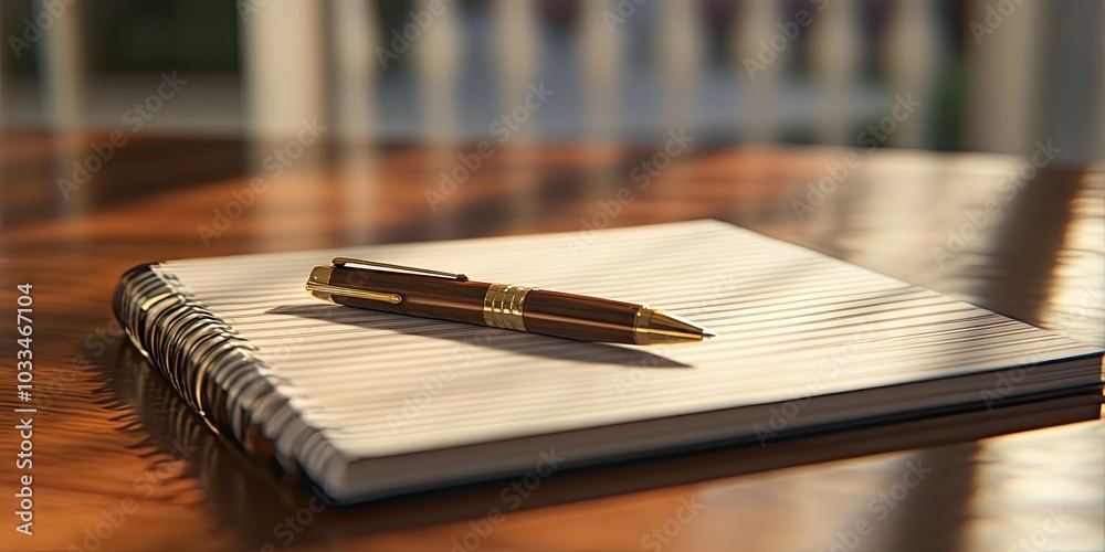 Poster a pen resting on a striped notebook