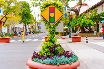Santa Barbara, California - April 20, 2024: Creative Warning Traffic Signal Sign Planter in Santa Barbara