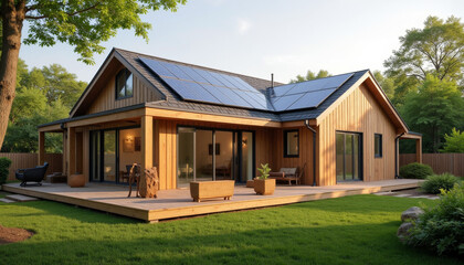 Wooden eco-friendly house with solar panels and deck
