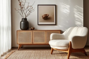 Creative composition of living room interior with mock up poster frame, vase with died flowers, braided plaid, modular sofa, wooden coffee table and personal accessories. Home decor, Generative AI