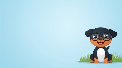 Cute cartoon puppy with glasses sits on green grass against a blue background, perfect for children's themes and pet illustrations.