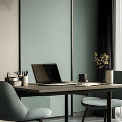 Obraz premium A room with sunlight on a green wall There are laptops and writing tools on the table. Generative AI