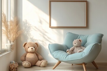 Cozy interior of child room with mint armchair, brown mock up poster frame, toys, teddy bear, dolls, plush animal, decoration. White wall. Warm kid space, Generative AI