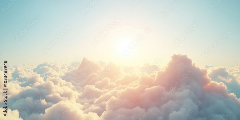 Poster fluffy clouds under the sun in the sky, softly blurred. a serene clouds backdrop on a summer day. re