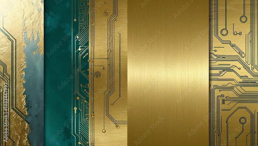 Poster Abstract gold and green pattern with circuit board design.