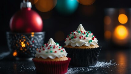 Aesthetic preparation of Christmas cupcake on a black themed kitchen. bokeh style.
