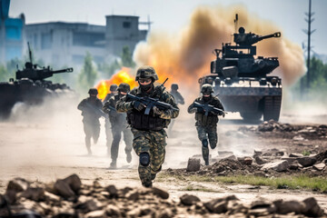 Chinese soldiers advancing during a military exercise in a combat training area, showcasing tactical maneuvers with armored vehicles in the background