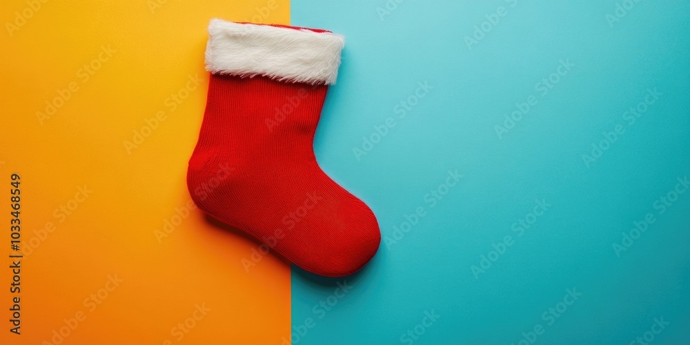 Poster Santa red sock viewed from above on a colored background with empty space. Christmas background.