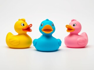 Three colorful rubber ducks in yellow, blue, and pink arranged on a white background, toy bath ducks in a playful setting