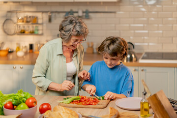 in a bright kitchen an elderly woman in a light green shirt teaches her grandson in blue T-shirt to cut vegetables for a salad