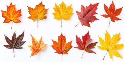 Fototapeta premium A collection of autumn leaves set against a white background. Vibrant maple leaves. Foliage.