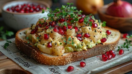 Open-faced sandwich with creamy salad, pomegranate seeds, and herbs on wooden surface. Concept is colorful and fresh meal presentation. For food blogs and recipe articles...