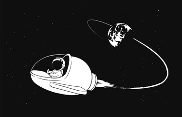 An astronaut in a spaceship flies from Earth orbit into outer space.Vector illustration