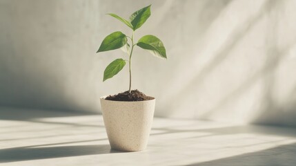 Small Sapling in Biodegradable Pot on White Surface