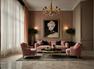 modern living room, rose romantic colour, Modern luxury furniture, AI generative 