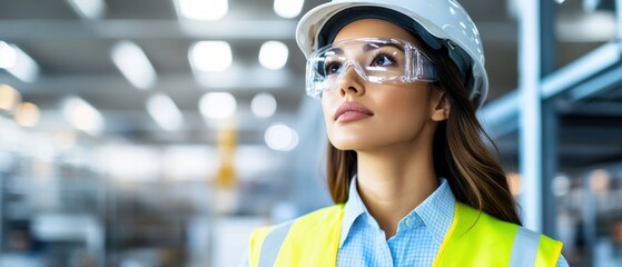 Fototapeta premium Focused woman in safety gear, wearing a hard hat and protective glasses, showcasing confidence in an industrial workspace.