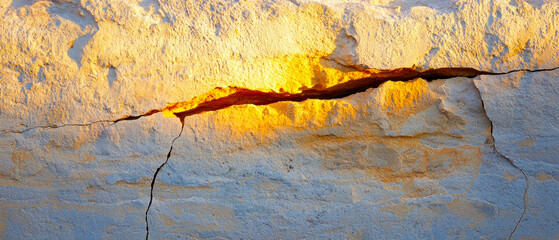 Naklejka premium A close-up view of a cracked surface, showcasing textures and lighting that highlight the geological formation.