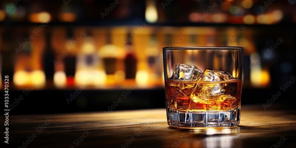 Poster a glass of whiskey with ice. background featuring copy space. a glass of liquor on the bar counterto