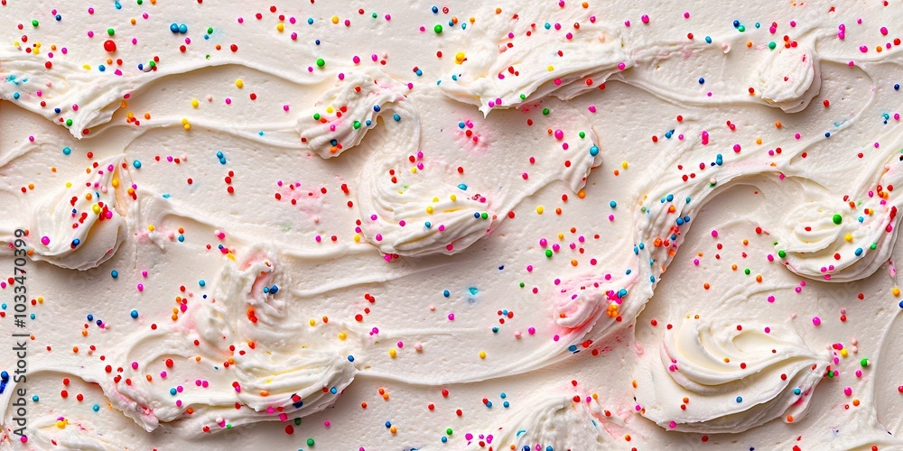 Poster cake frosting texture backdrop with sprinkles on the surface.