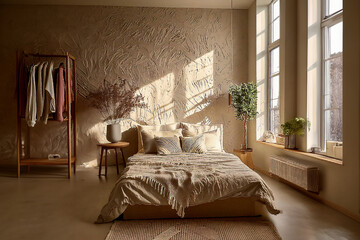 A realistic minimalist bedroom, old furniture, with natural sunlight, AI generative 