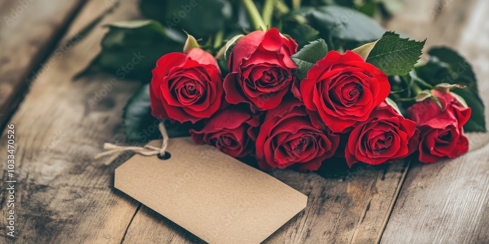 Poster a bunch of red roses with a tag wrapped in paper on a wooden surface.