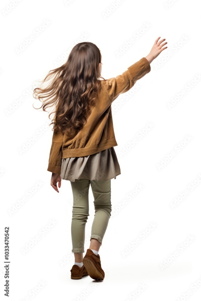 Canvas Prints Young girl walking forward waving hand footwear looking shoe.