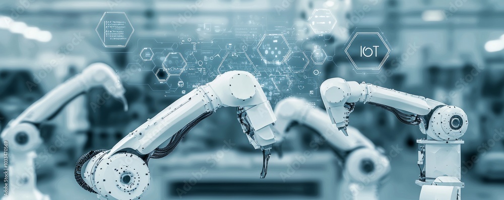 Poster Automation of industrial robots and robotic arms in factory production. Concept of stock for industrial revolution and manufacturing automation NLP.
