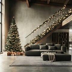 Obraz premium Modern living room with Christmas tree and garland on stairs. Holiday home decor concept.