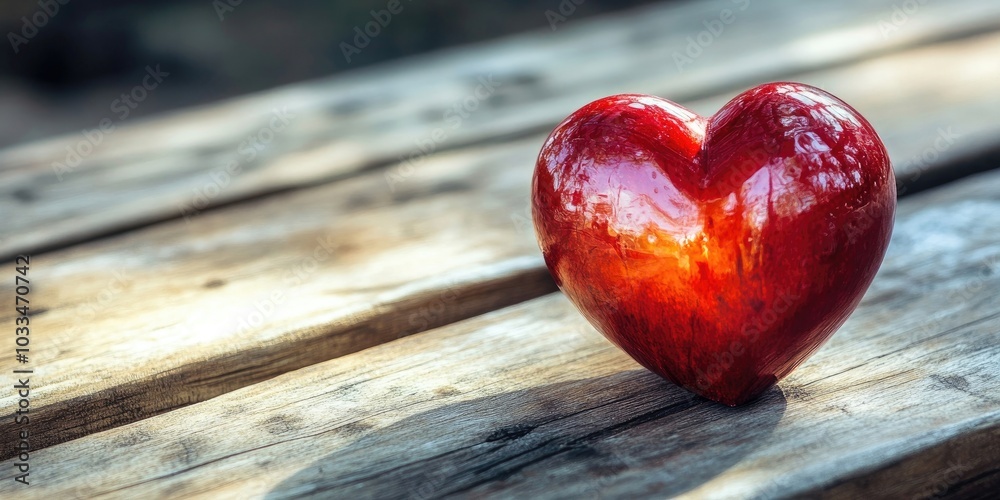 Poster valentine's day features a red heart and a table toy on a wooden table, with copyspace for texture.