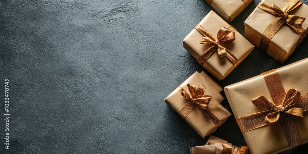 Poster a collection of wrapped boxes with gifts on a grey textured background. top view. gift concept. spac