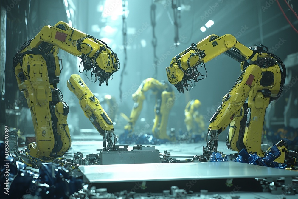 Poster The concept of Industry 4.0 is based on heavy automation robot arm machines in smart factories