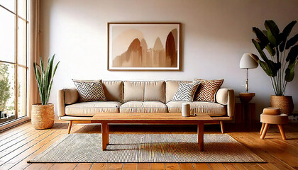 A realistic minimalist living room with sleek, modern furniture, with natural sunlight, AI generative 