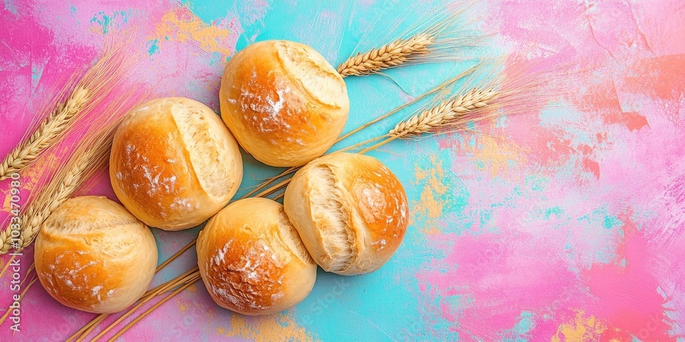 Poster fresh buns with wheat stalks on a colorful background