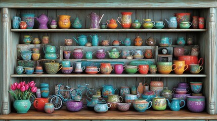 Fototapeta premium Colorful Ceramic Teapots and Mugs on Rustic Wooden Shelves