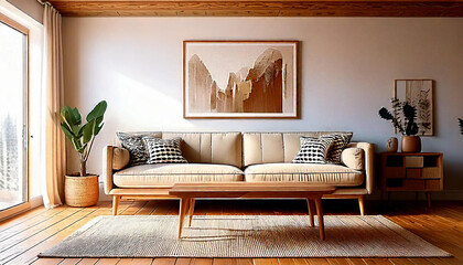 A realistic minimalist living room with sleek, modern furniture, with natural sunlight, AI generative 