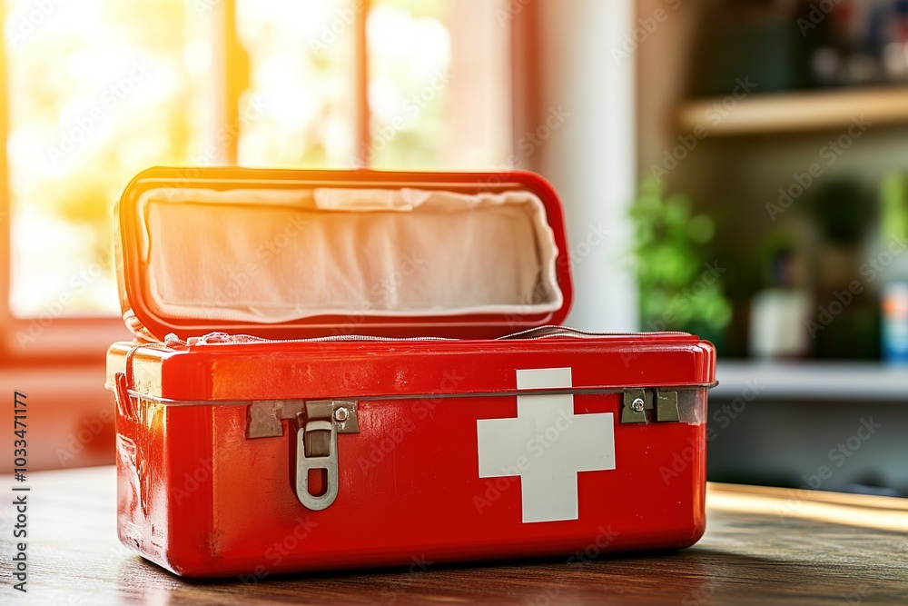 Wall mural a first aid kit open on a table with copyspace soft natural light health facility background.