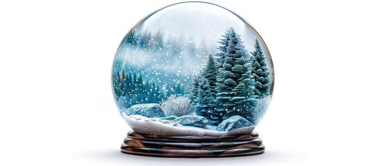 Enchanting snowy winter landscape captured inside a transparent glass snowglobe with a lush forest of evergreen pine trees dusted in fresh snow  The serene
