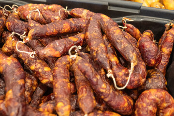 smoked pork sausages called chouriço, typical of northern Portugal. Feira do Fumeiro event, Montalegre
