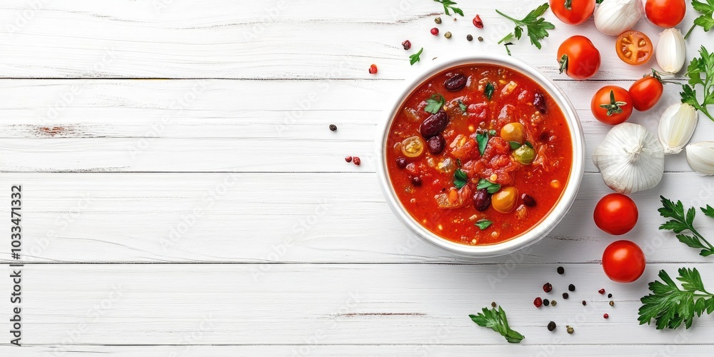 Poster tomato soup with chili and veggies. nutritious meal. set on a white wooden background. top view. cop